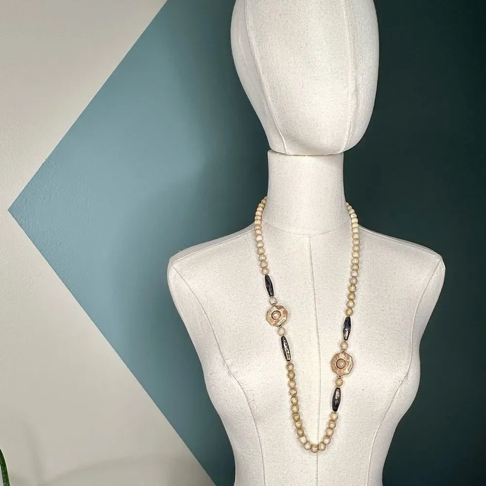 Vintage Beaded Necklace with Carved Stone Accents & Cloisonné Enamel Beads 28.5” - Picture 8 of 9